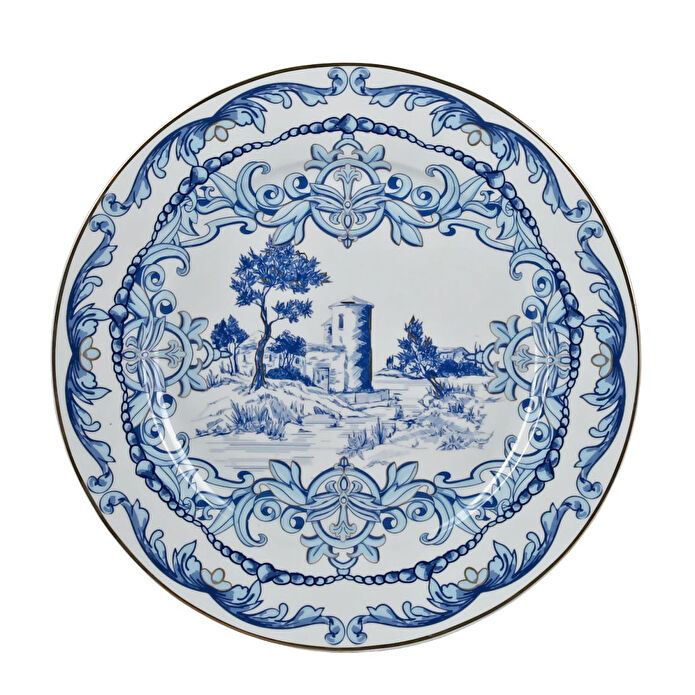 Lucky Art Florance Bone China Porselen Mavi Beyaz Naturel Barok Desenli 4 Lü Yemek Tabağı Seti 27 Cm