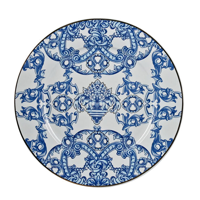 Lucky Art Florance Bone China Porselen Mavi Beyaz Naturel Barok Desenli 4 Lü Yemek Tabağı Seti 27 Cm