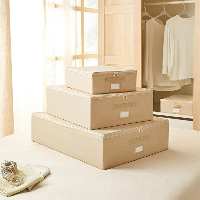 Ocean Home Textile 3'lü Bej Balıksırtı Destekli Hurç Set 31 X 38 X 12 + 45 X 55 X 18 + 55 X 70 X 18 Cm