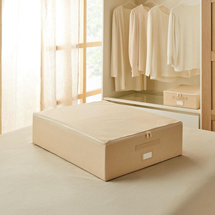 Ocean Home Textile Büyük Boy Bej Balıksırtı Destekli Kutu Hurç 55 X 70 X 18 Cm