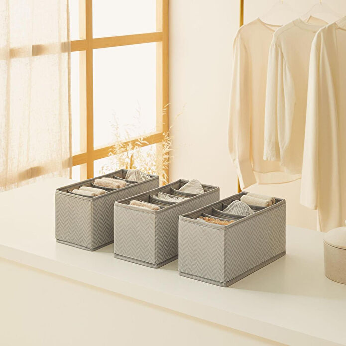 Ocean Home Textile 3'lü Bölmeli Gri Balıksırtı Çekmece İçi Düzenleyici Kutu Set 13 X 28 X 13 Cm