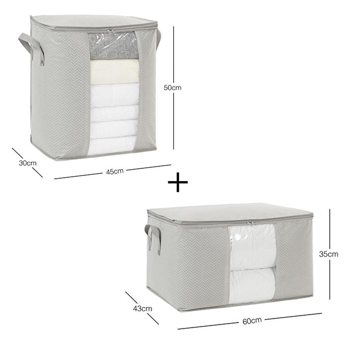 Ocean Home Textile 2'li Pvc Pencereli Gri Balıksırtı Hurç Set 1 Adet 45 X 30 X 50 / 1 Adet 60 X 43 X 35 Cm