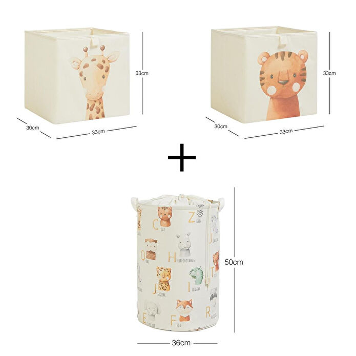 Ocean Home Textile 3'lü Çocuk Odası Sevimli Hayvanlar Kutu Sepet Set 2 Adet 33 X 30 X 33 / 1 Adet 36 X 50 Cm