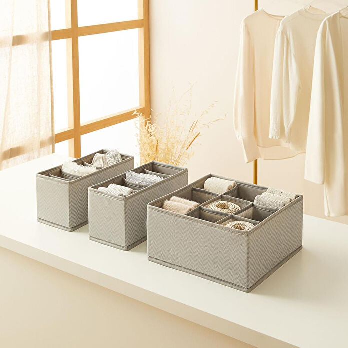 Ocean Home Textile 3'lü Bölmeli Gri Balıksırtı Desenli Çekmece İçi Düzenleyici Kutu Set