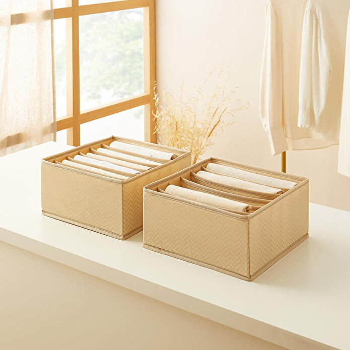 Ocean Home Textile 2'li 6 Bölmeli Bej Balıksırtı Desenli Çekmece İçi Düzenleyici Kutu Set 28 X 28 X 13 Cm
