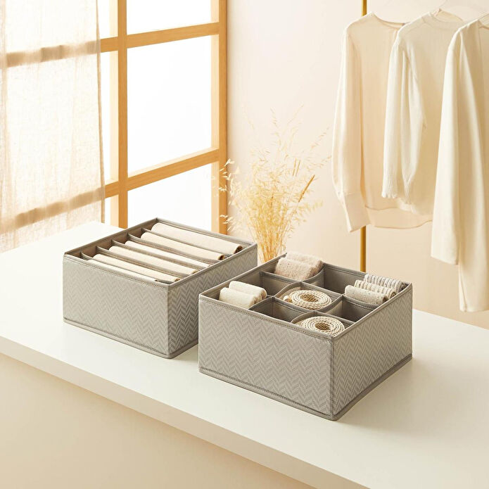 Ocean Home Textile 2'li Bölmeli Gri Balıksırtı Çekmece İçi Düzenleyici Kutu Set