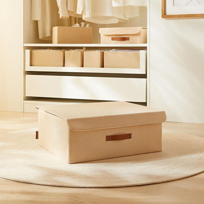 Ocean Home Textile Jüt Keten Kumaş Kapaklı Kutu 48 X 40 X 19 Cm