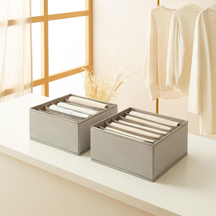 Ocean Home Textile 2'li 6 Bölmeli Gri Balıksırtı Çekmece İçi Düzenleyici Kutu Set 28 X 28 X 13 Cm