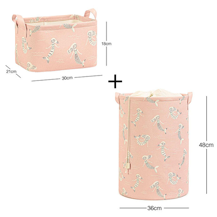 Ocean Home Textile 2'li Çocuk Odası Deniz Kızı Sepet Set 1 Adet 30 X 21 X 18 / 36 X 48 Cm