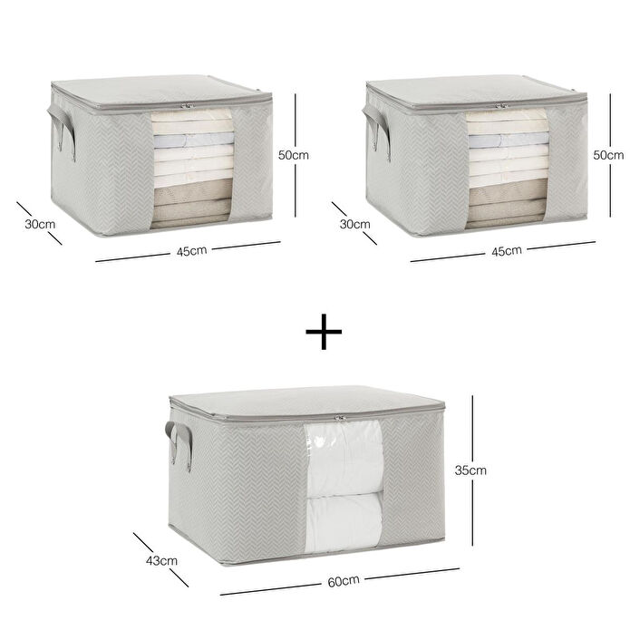 Ocean Home Textile 3'lü Pvc Pencereli Gri Balıksırtı Hurç Set 1 Adet 60 X 43 X 35 / 2 Adet 45 X 40 X 30 Cm