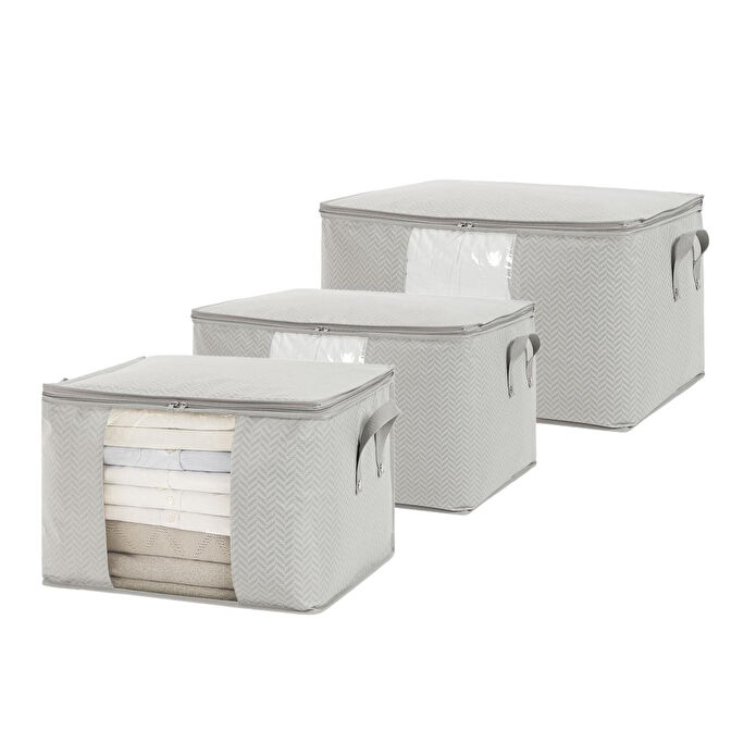 Ocean Home Textile 3'lü Pvc Pencereli Gri Balıksırtı Hurç Set 1 Adet 60 X 43 X 35 / 2 Adet 45 X 40 X 30 Cm