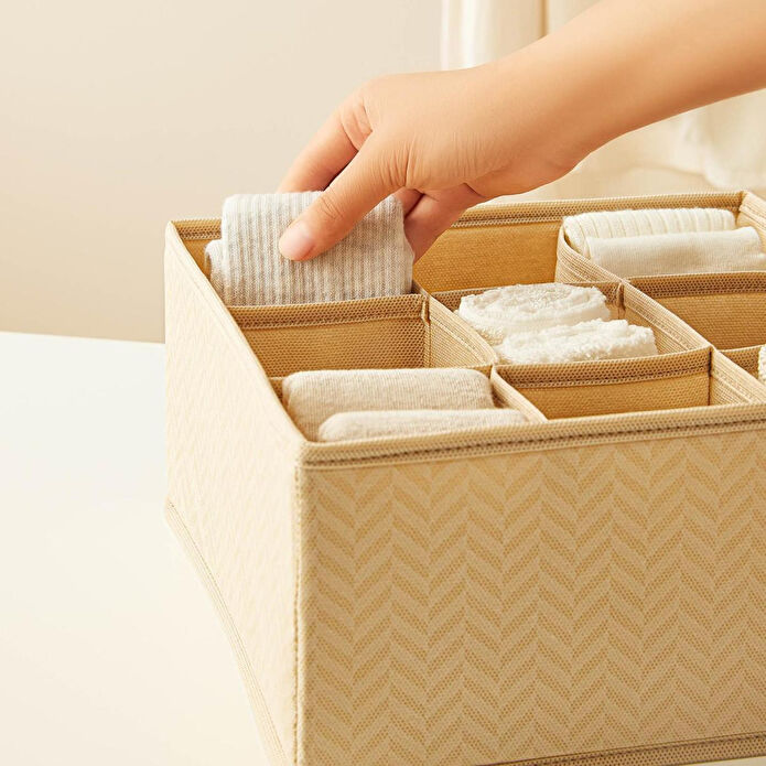 Ocean Home Textile 3'lü Bölmeli Bej Balıksırtı Çekmece İçi Düzenleyici Kutu Set
