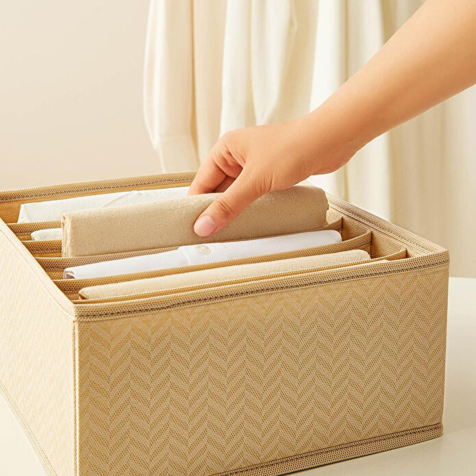 Ocean Home Textile 3'lü Bölmeli Bej Balıksırtı Çekmece İçi Düzenleyici Kutu Set