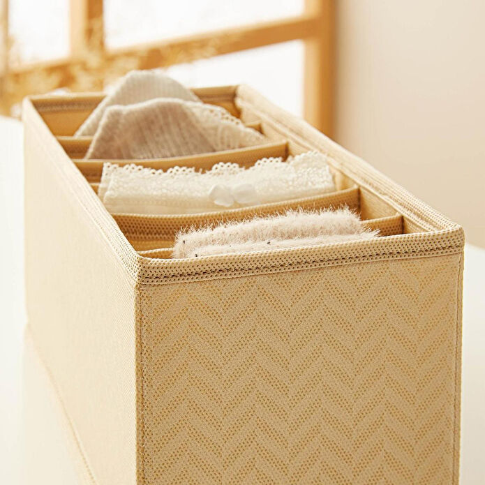 Ocean Home Textile 6 Bölmeli Bej Balıksırtı Çekmece İçi Düzenleyici Kutu 13 X 28 X 13 Cm