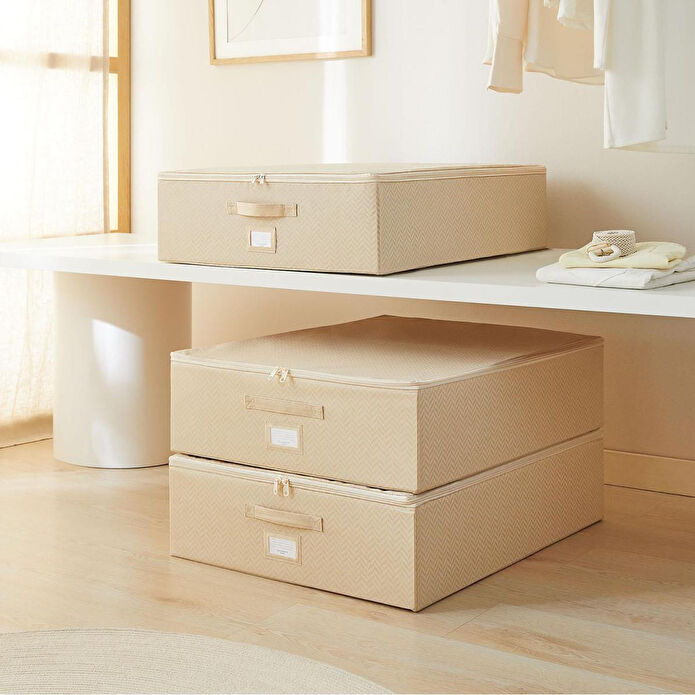 Ocean Home Textile 3'lü Büyük Boy Bej Balıksırtı Destekli Hurç Set 55 X 70 X 18 Cm