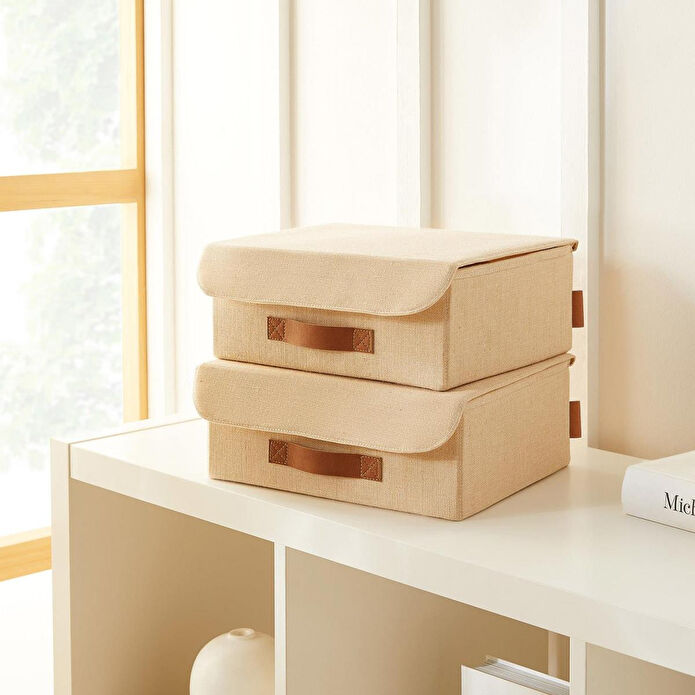 Ocean Home Textile 2'li Jüt Keten Kumaş Kapaklı Kutu Set 30 X 23 X 11 Cm
