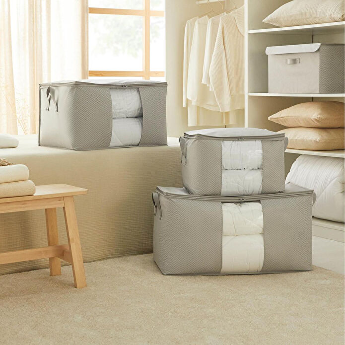 Ocean Home Textile 3'lü Pvc Pencereli Gri Balıksırtı Hurç Set