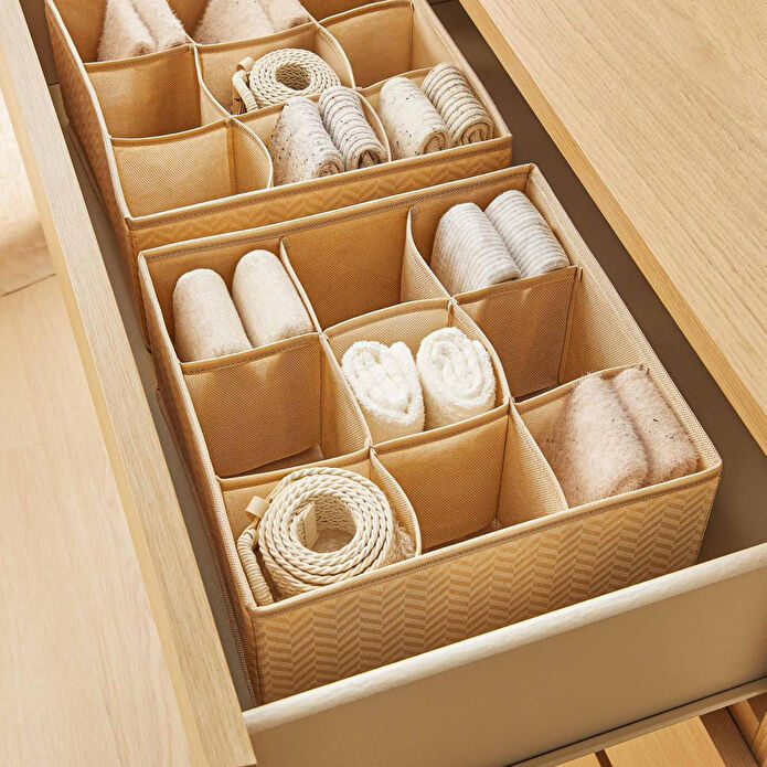 Ocean Home Textile 2'li 9 Bölmeli Petek Bej Balıksırtı Çekmece İçi Düzenleyici Kutu Set 28 X 28 X 13 Cm