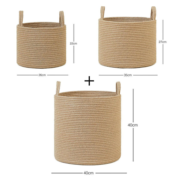 Ocean Home Textile 3'lü Jüt Halat Sepet Set 26 X 22 / 35 X 27 / 40 X 40 Cm