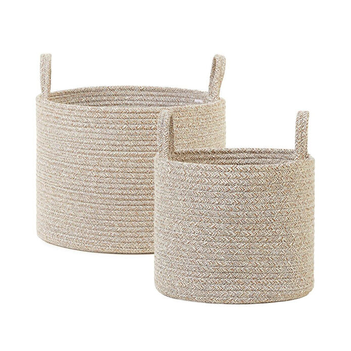 Ocean Home Textile 2'li Bej Kırçıllı Pamuklu Halat Sepet Set 26 X 22 / 35 X 27 Cm