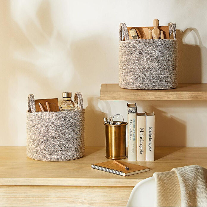 Ocean Home Textile 2'li Bej Kırçıllı Pamuklu Halat Sepet Set 26 X 22 Cm