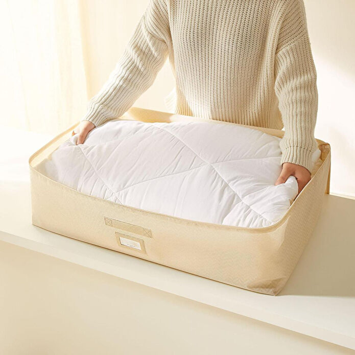 Ocean Home Textile 4'lü Bej Balıksırtı Baza Altı Hurç Set 2 Adet 62 X 46 X 22 / 2 Adet 74 X 46 X 22 Cm