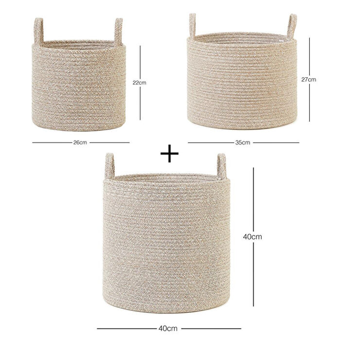Ocean Home Textile 3'lü Bej Kırçıllı Pamuklu Halat Sepet Set 26 X 22 / 35 X 27 / 40 X 40 Cm