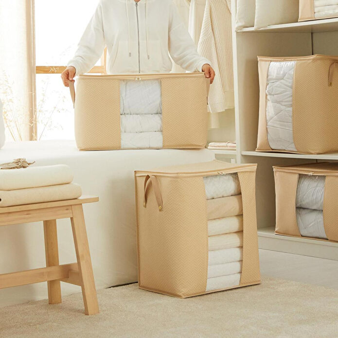 Ocean Home Textile 2'li Pvc Pencereli Bej Balıksırtı Hurç Set 1 Adet 45 X 30 X 50 / 1 Adet 60 X 43 X 35 Cm