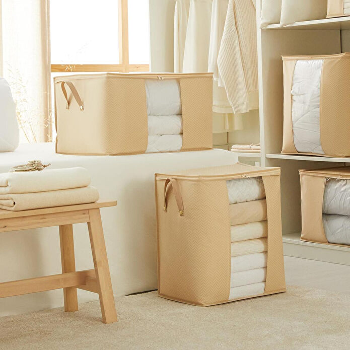 Ocean Home Textile 2'li Pvc Pencereli Bej Balıksırtı Hurç Set 1 Adet 45 X 30 X 50 / 1 Adet 60 X 43 X 35 Cm