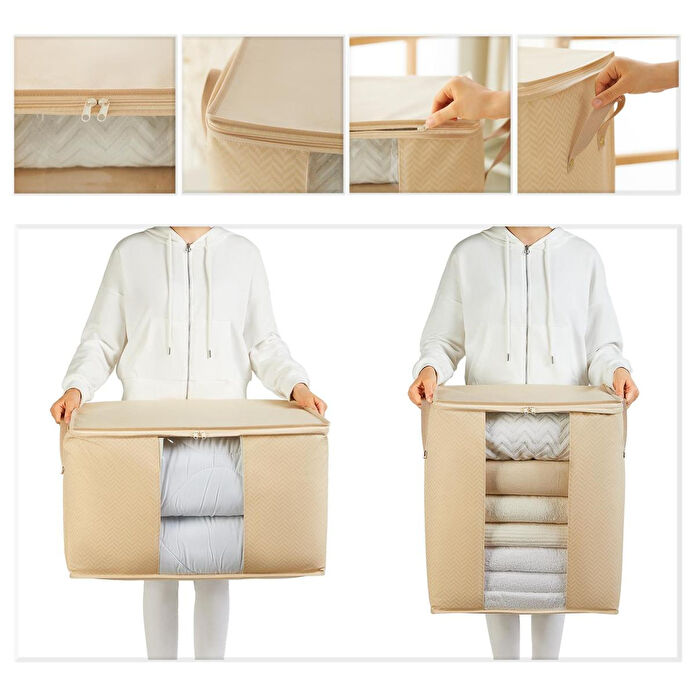 Ocean Home Textile 2'li Pvc Pencereli Bej Balıksırtı Hurç Set 1 Adet 45 X 30 X 50 / 1 Adet 60 X 43 X 35 Cm