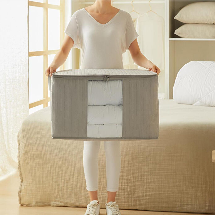 Ocean Home Textile 2'li Pvc Pencereli Gri Renk Kapitone Hurç Set 1 Adet 45 X 30 X 50 / 1 Adet 60 X 43 X 35 Cm