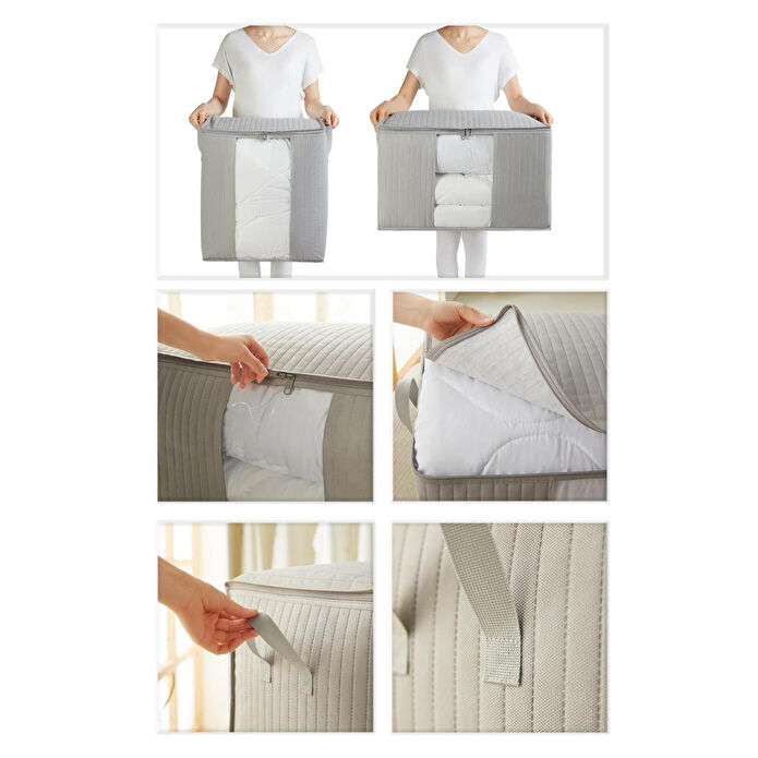 Ocean Home Textile 2'li Pvc Pencereli Gri Renk Kapitone Hurç Set 1 Adet 45 X 30 X 50 / 1 Adet 60 X 43 X 35 Cm