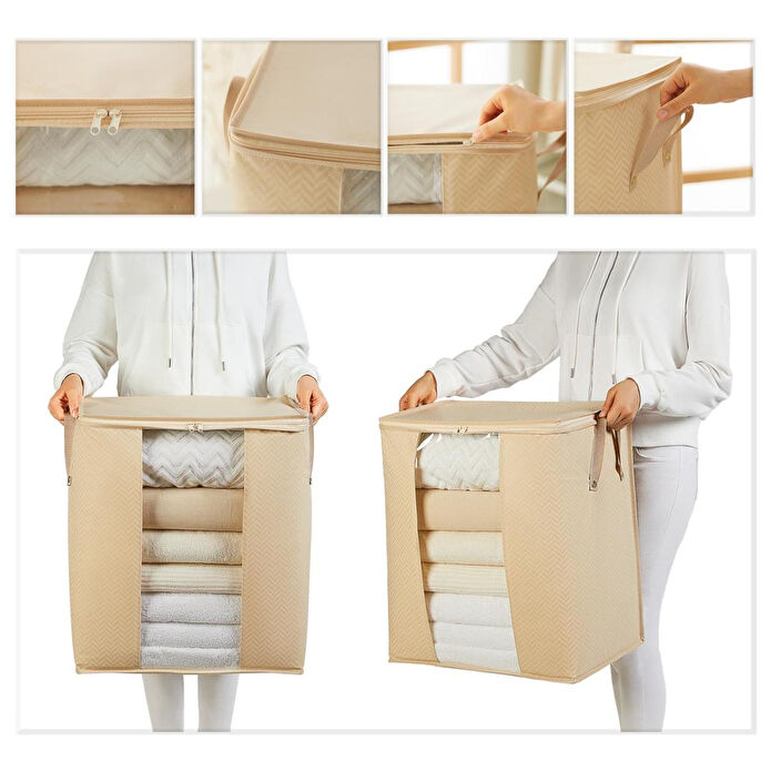 Ocean Home Textile Pvc Pencereli Bej Balıksırtı Hurç 45 X 30 X 50 Cm