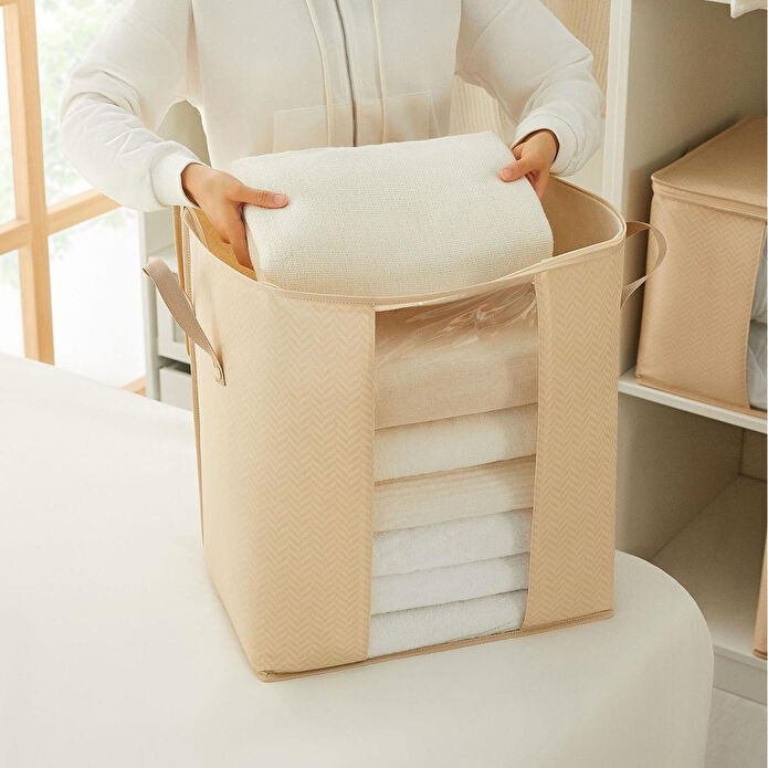 Ocean Home Textile Pvc Pencereli Bej Balıksırtı Hurç 45 X 30 X 50 Cm