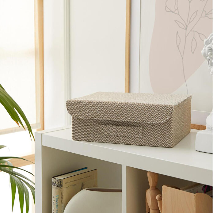 Ocean Home Textile Çekmece İçi Bej Renk Dokulu Kumaş Kapaklı Kutu 30 X 23 X 11 Cm