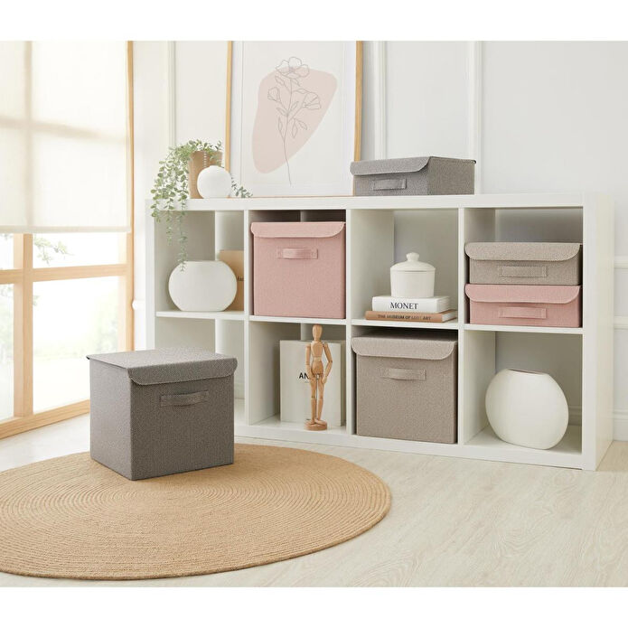 Ocean Home Textile Çekmece İçi Bej Renk Dokulu Kumaş Kapaklı Kutu 30 X 23 X 11 Cm