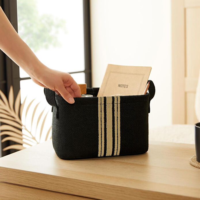 Ocean Home Textile Çizgili Siyah Renk Jüt Sepet 24 X 17 X 14 Cm