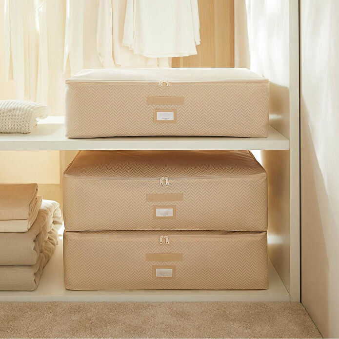 Ocean Home Textile 3'lü Mega Boy Bej Balıksırtı Baza Altı Hurç Set 74 X 46 X 22 Cm