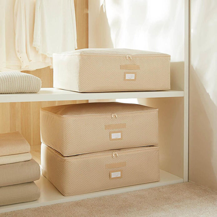 Ocean Home Textile 3'lü Büyük Boy Bej Balıksırtı Baza Altı Hurç Set 62 X 46 X 22 Cm