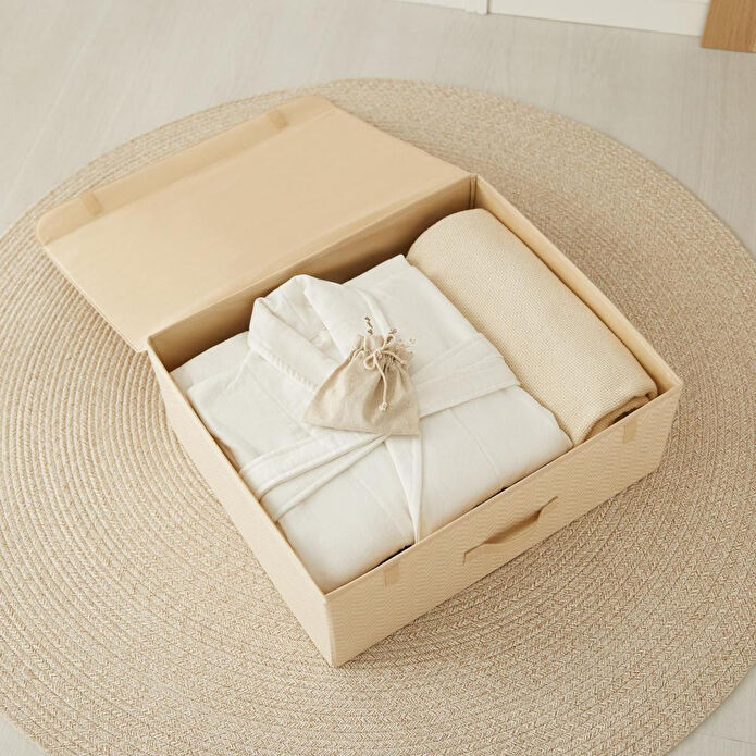 Ocean Home Textile Bej Balıksırtı Kapaklı Kutu 48 X 40 X 19 Cm