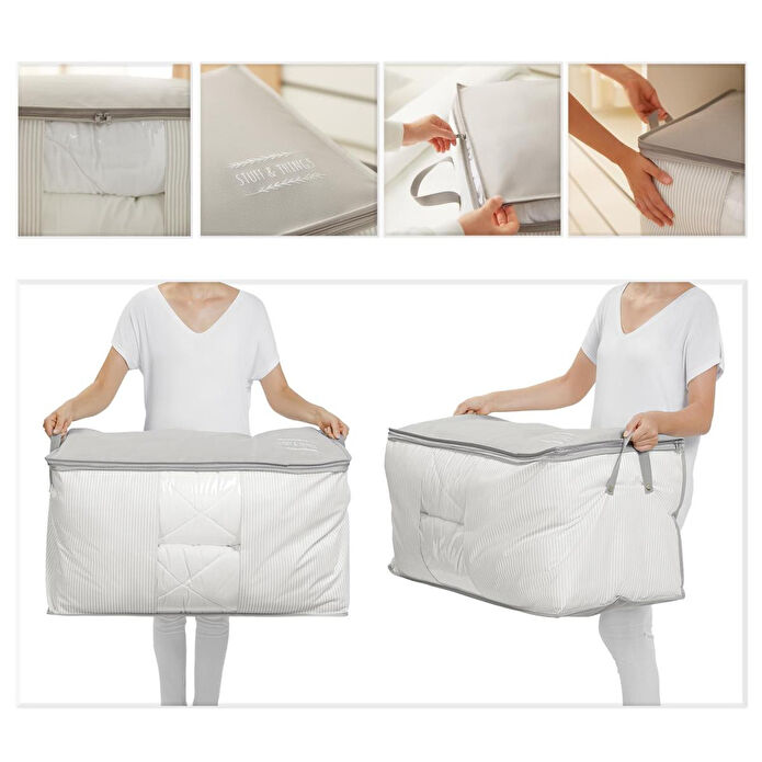 Ocean Home Textile Mega Boy Pvc Pencereli Gri Çizgili Stuff & Things Hurç 75 X 40 X 40 Cm