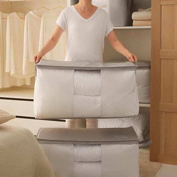 Ocean Home Textile Mega Boy Pvc Pencereli Gri Çizgili Stuff & Things Hurç 75 X 40 X 40 Cm