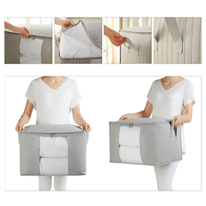 Ocean Home Textile Orta Boy Pvc Pencereli Gri Renk Kapitone Hurç 45 X 40 X 30 Cm