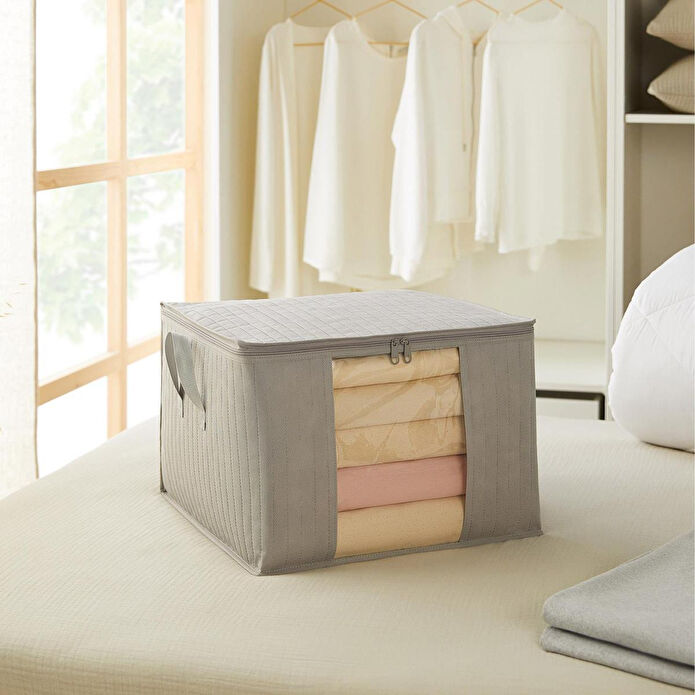 Ocean Home Textile Orta Boy Pvc Pencereli Gri Renk Kapitone Hurç 45 X 40 X 30 Cm