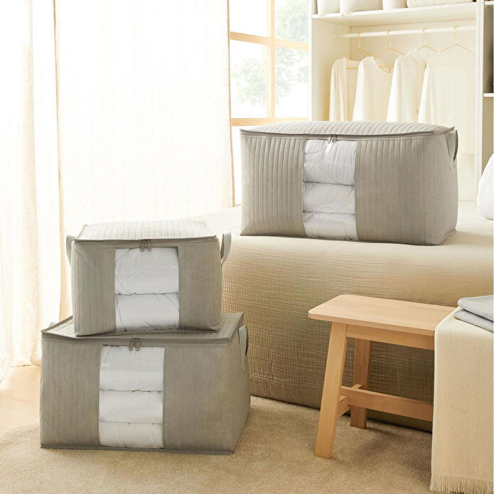 Ocean Home Textile Orta Boy Pvc Pencereli Gri Renk Kapitone Hurç 45 X 40 X 30 Cm