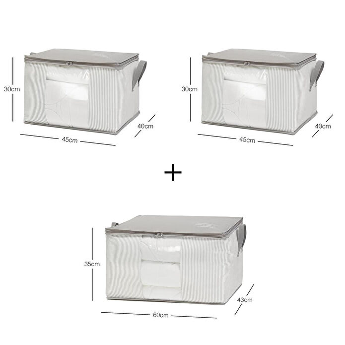 Ocean Home Textile 3'lü Pvc Pencereli Stuff & Things Gri Çizgili Hurç Set