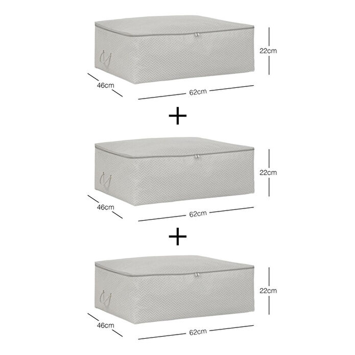 Ocean Home Textile 3'lü Büyük Boy Gri Balıksırtı Baza Altı Hurç Set 62 X 46 X 22 Cm