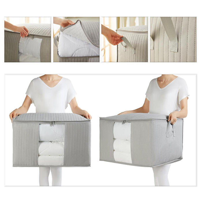 Ocean Home Textile Büyük Boy Pvc Pencereli Gri Renk Kapitone Hurç 60 X 43 X 35 Cm