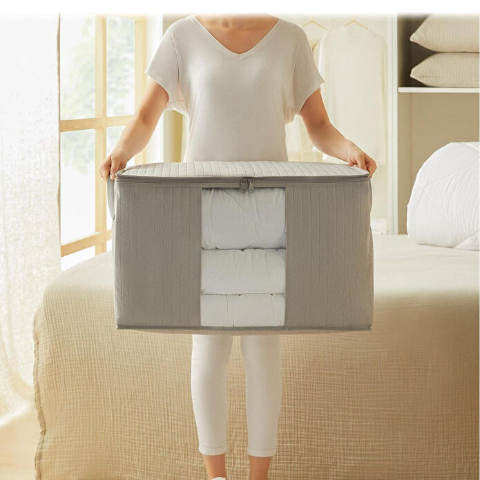 Ocean Home Textile Büyük Boy Pvc Pencereli Gri Renk Kapitone Hurç 60 X 43 X 35 Cm