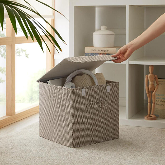 Ocean Home Textile Bej Renk Dokulu Kumaş Kapaklı Kutu 30 X 30 X 30 Cm